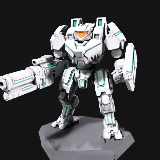 Ultra Initiate — a nimble white-and-teal mech with a long rifle and an orange visor