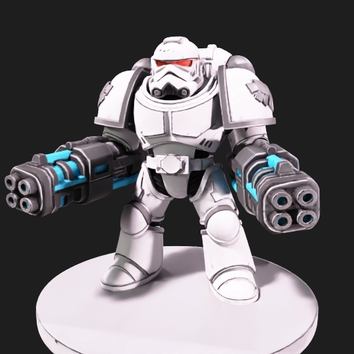 Chaos Gunner miniature — white armored trooper with quad-barrel guns on each arm