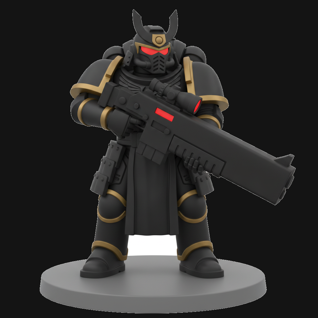 Shadow Sniper miniature — black-armored samurai with gold trim, red visor, and a long scoped rifle
