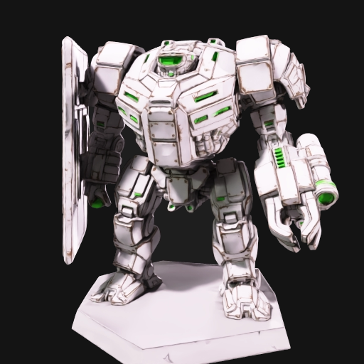 Ultra Warden — a white-armored mech carrying a heavy tower shield, with glowing green vents
